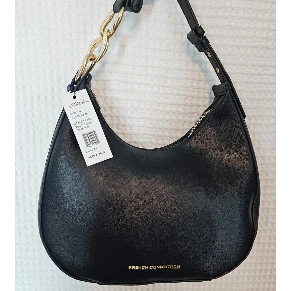 French Connection Moritz Hobo Bag Womens Black Smooth Zip Purse Shoulder